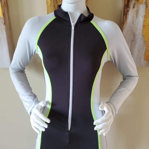 INC Bodycon Sexy Long Sleeve Neon Green Striped Color Block Zipper Jumpsuit SZ L - Picture 3 of 11